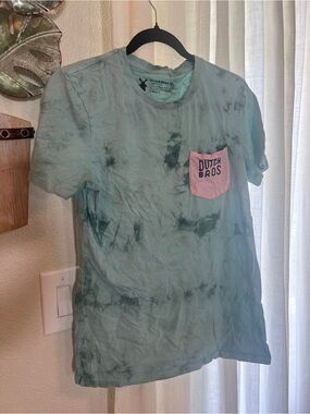 Dutch Bros Light Blue Tie-Dye Tee with Pink Pocket